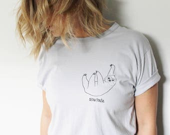 UNISEX sloth hand painted t-shirt, monochrome, minimalist unique wearable art, white or grey tee crewneck, made to order