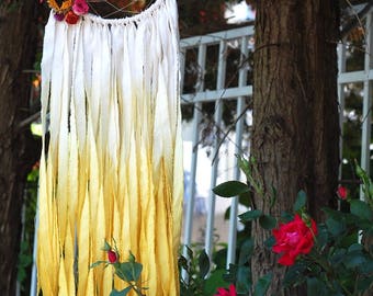 White and Yellow Moon Dream Catcher with Dried Flowers