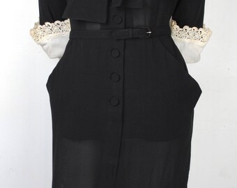 Vintage 40s Black Casual Day Dress - 1940s Fitted Shirtwaist Dress
