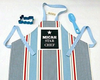 Personalized Kid's Apron, STAR Chef, Boy's Apron, Blue Nautical Stripe, Printed Name, Children's Baking Gift, Toddler to Teen Apron