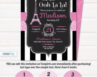Paris Invitation - Paris Birthday Invitation - Paris Themed Invitations - Edit NOW at home with Templett.com!!!! - Paris Party Supplies