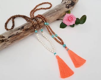 Neon Coral beaded tassel necklace - Long boho wooden bead tassel necklace with turquoise feature beads and coral tassel