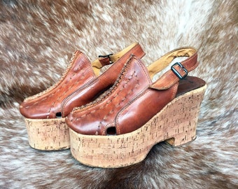 Bohemian 80s Slingback Sandals Cork Leather eu 39 // us 8.5 // uk 6