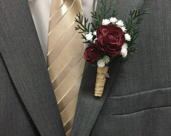 Evergreen Red Maroon Burgundy Babys Breath Boutonniere Wrapped In Gold Ribbon Groomsmen Flowers Prom Evergreen Red Maroon Burgundy Babys Breath Boutonniere Wrapped In Gold Ribbon Groomsmen Flowers Prom