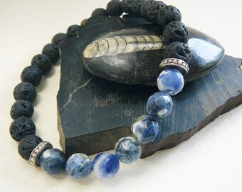 Men's Bracelet, Surfer Bracelet, Mens Beaded Bracelet, Beach Bracelet For Men, Blue Gemstone Bracelet, Surfing, Faceted Sodalite Black Lava