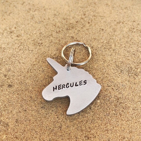 Unicorn Pets Name ID Tag, Hand Stamped Tag, Hand Cut Copper, Brass, Aluminium