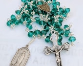 Rosary - Emerald Crystal French Silver Crucifix, Center & Antique Our Lady of Lourdes Medal - Sterling Silver