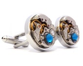 Blue Steampunk Cufflinks with Vintage Watch Movements. Wedding Cuff Links, Gifts For Him.