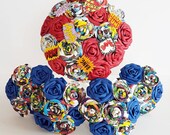 Alternative bouquet wedding flowers paper origami vintage comic book marvel superhero spiderman avengers theme red blue navy bride