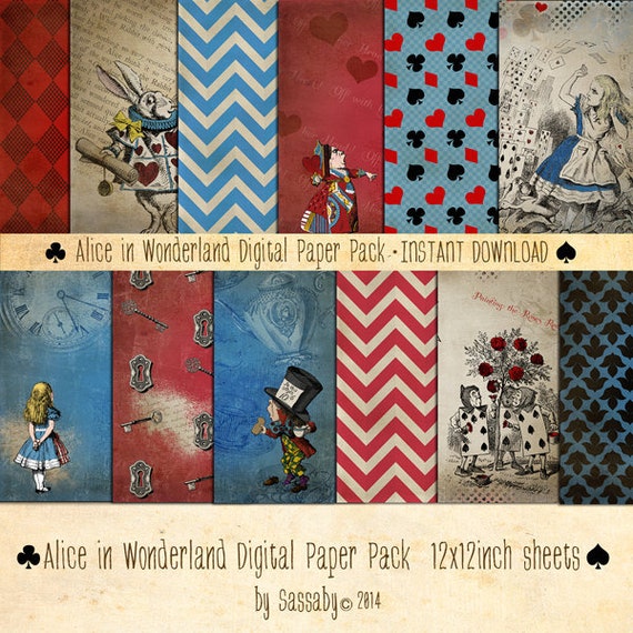 Alice in Wonderland Paper Pack 12 Digital Sheets - INSTANT DOWNLOAD - Mad Hatter, Queen of Hearts Scrapbooking, Birthday Party Decorations Il_570xn