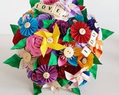 Alternative bouquet wedding flowers paper origami rose kusudama hoop multi colour bright rainbow fun scrabble letters pinwheel theme beach