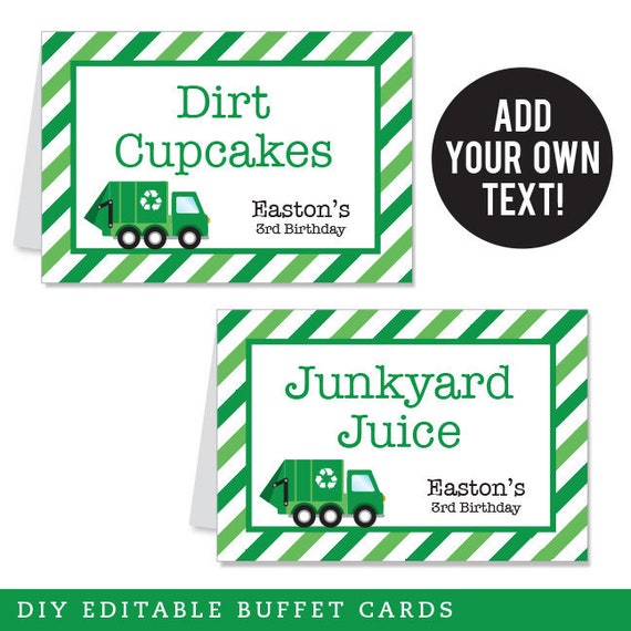 EDITABLE INSTANT DOWNLOAD Garbage Truck Party Buffet Cards - Editable, printable table tent cards Il_570xn