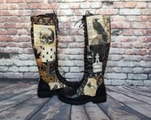 Steampunk, boots, women shoes, brown boot, nevermore, skull, crow raven, rock your sole, knee high boots, long boots, platform boots, hippy
