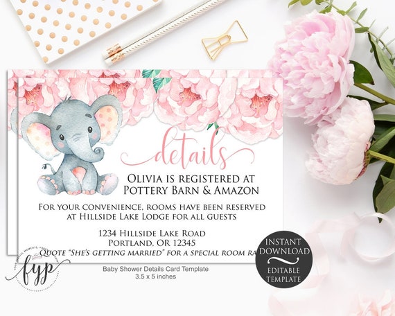 Elephant Baby Shower Details Card Template Editable Instant