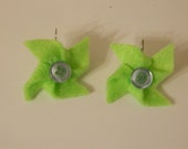 Lime Green Felt and Blue Button Pinwheel Earrings