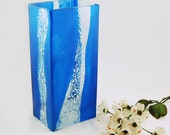 Modern glass vase - Hand painted rectangular glass vase in blue with white designs - CreationsdeFlorence