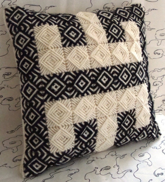 Needlepoint Handmade Pillow Cover with Black and Creme / Ecru Squares in Classic Ancient Greek Key Pattern / Shop Early for Christmas