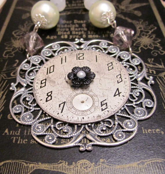 Gone but Not Forgotten Antique  Repurposed Clock Face and Pearl Steampunk  Necklace FREE SHIPPING