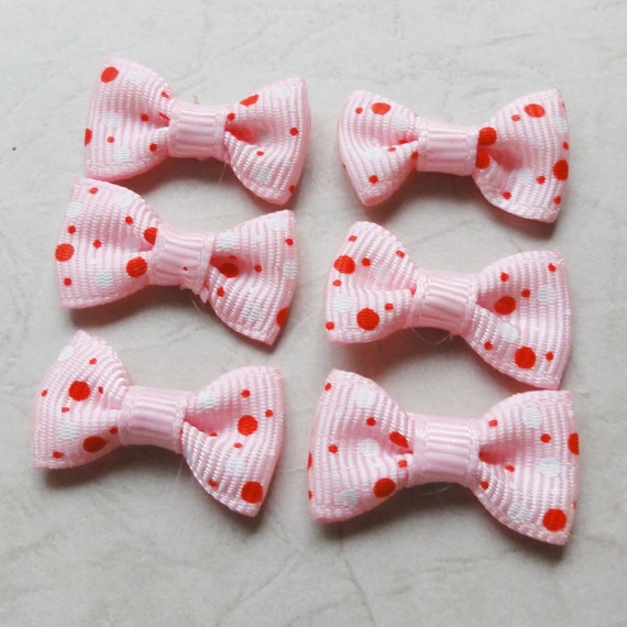 Adorable Sweet Mini Bows (6)   pink polka dot FOR scrapbooks, cards 