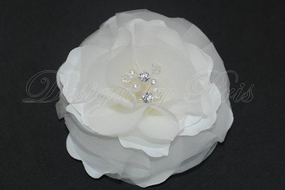 BM13 - W - Bridal White Silk Hair Flower with Spray of Swarovski Pearls, Rhinestones and Crystal Center