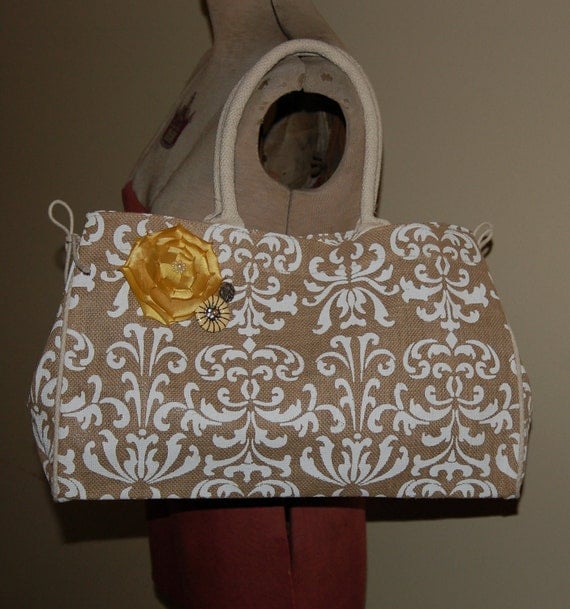 Burlap Damask Handbag with Yellow Embellishments