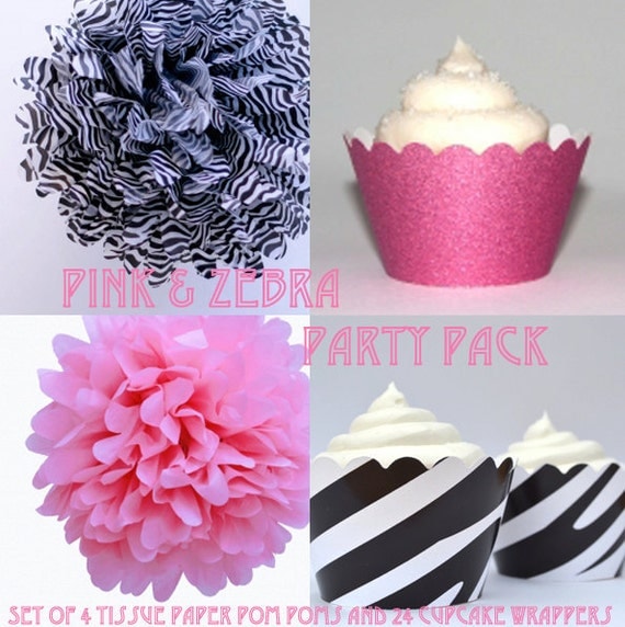 Pink and Zebra Party Pack- Set of 4 Tissue Paper Pom Poms and 24 Cupcake Wrappers