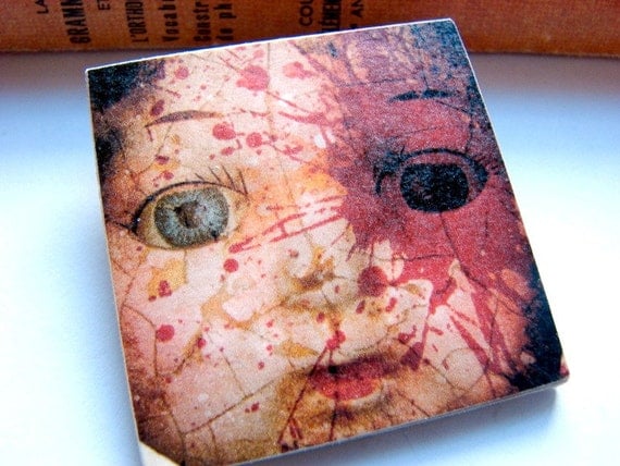 Big Pin Brooch Blood Spattered Doll  Paper and by mimiandlucy