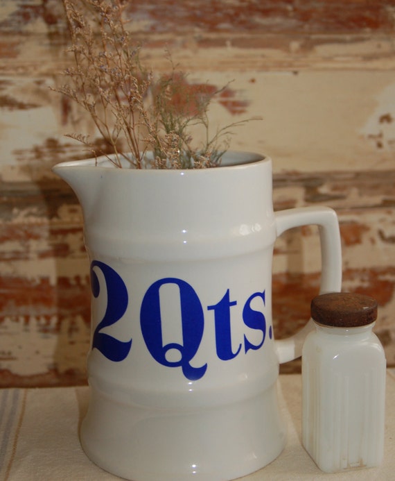 v i n t a g e Ceramic 2 Quart Pitcher with Blue Lettering
