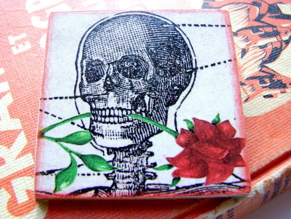 Big Pin Brooch Skeleton with a Rose in Its Teeth  by mimiandlucy