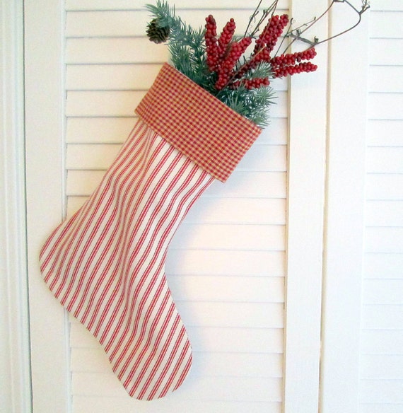 Red Homespun and Red Ticking Christmas Stocking Cuffed Ribbon Hanger Lined 16 in. long