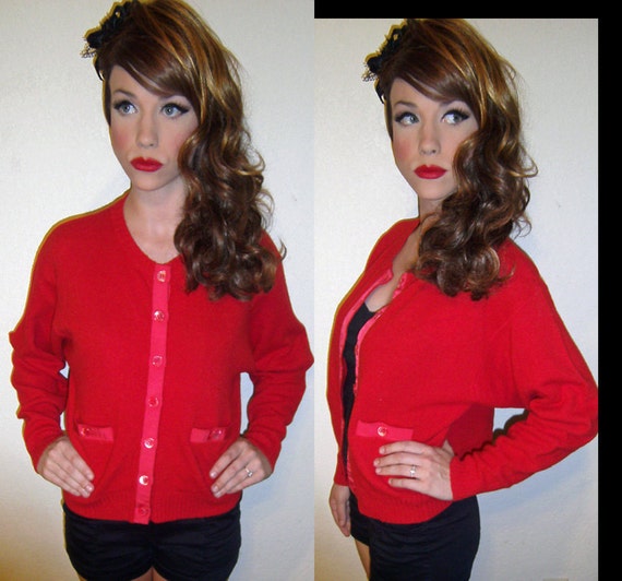 Womens Vintage 70s Red WOOL Slouchy Sweater Cardigan Jacket M  