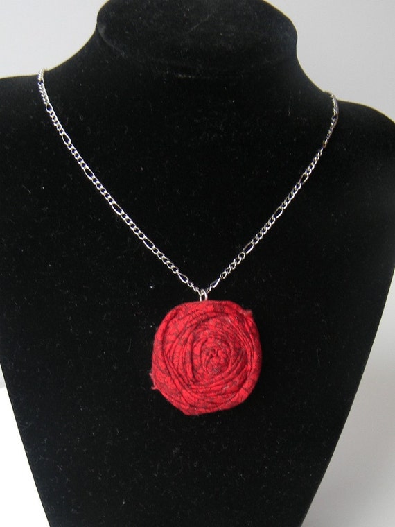 SALE Ruby Red Single Fabric Rosette Necklace
