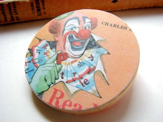 Big Wood Pin Brooch Clown Holding a Letter P  by mimiandlucy