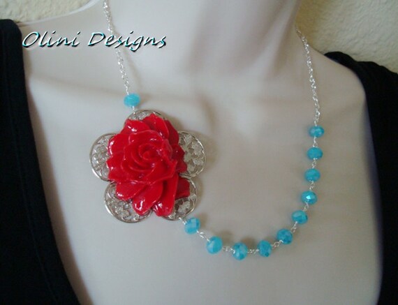 SAMANTHA - Gorgeous red rose and blue swarovski crystals Necklace by OliniDesigns
