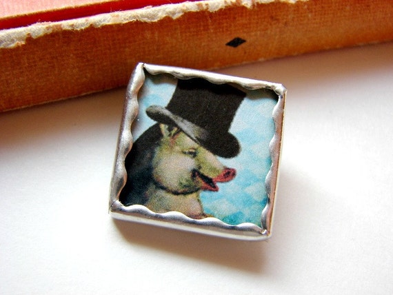 Tiny Pin Brooch Pig in a Top Hat Paper Chipboard by mimiandlucy