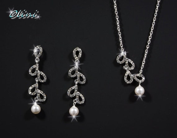 LANA  Bridal Rhinestone and Pearl Set in silver by OliniBridalJewelry