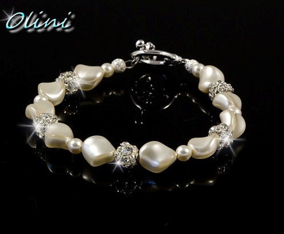 VALENTINA  Bridal Rhinestone Pearl Bracelet by OliniBridalJewelry