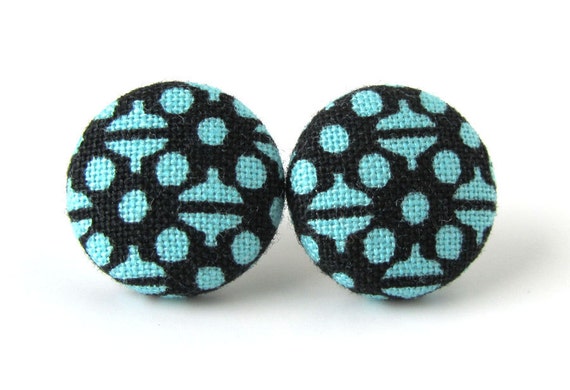 Blue stud earrings post button fabric covered by KooKooCraft