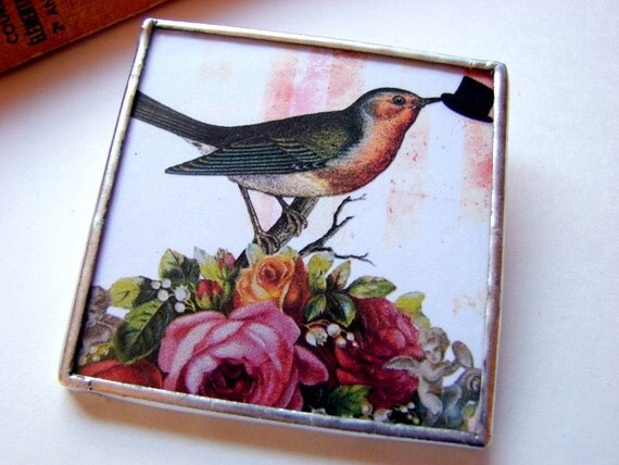 Big Soldered Glass and Bookboard Pin Brooch Bird by mimiandlucy