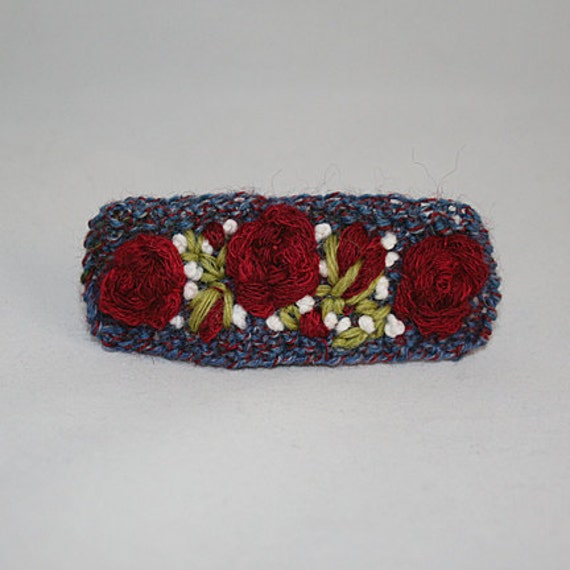 Embroidered Barrette  Red Roses by Lynwoodcrafts on Etsy