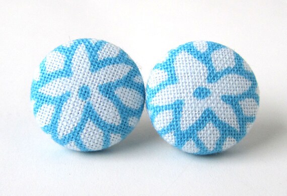 Stud earrings blue white flower bright winter snow by KooKooCraft