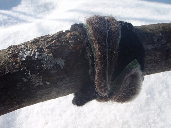Weave bracelet black and felting leafs touch of green by MaggiesSoaps