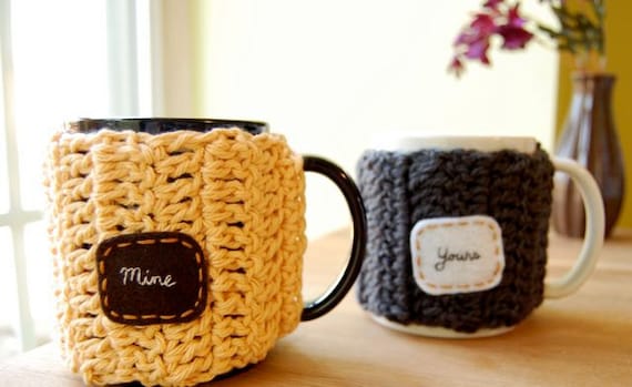 Mine Yours Coffee Mug Cozy Set Crocheted Tea Cup Cosy Anniversary Gift Country Yellow and Grey