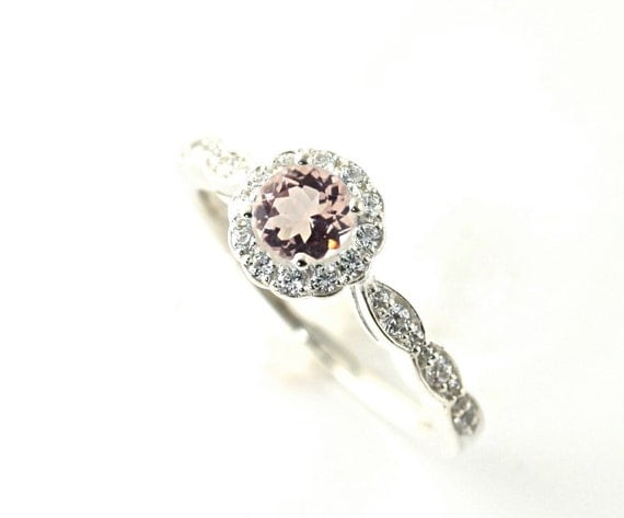 14K Morganite Engagement Ring Morganite Ring Diamond Halo 14K 18K Platinum Palladium Custom Bridal Jewelry