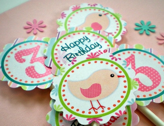 Little Bird Birthday Cupcake Toppers Circle by maddiesmoon