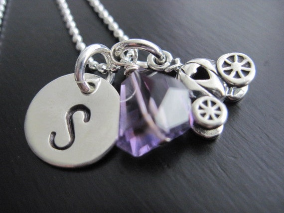 Sterling Silver Princess Necklace Hand Stamped Initial Amethyst
