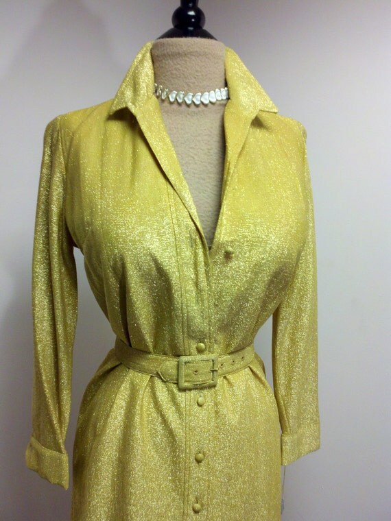 Vintage 1960s Gold Lurex Shirtwaist Dress Fits Size Medium