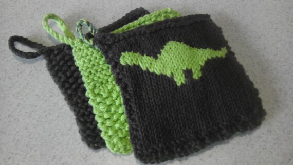 Set of 3 Brown/Lime green Dinosaur Cute Hip Handknit 100% cotton Potholders