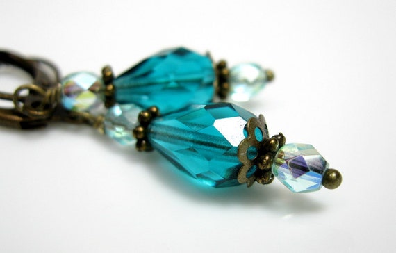 Caribbean Teal Blue Czech Glass Vintage Style Earrings from jewelry by NaLa
