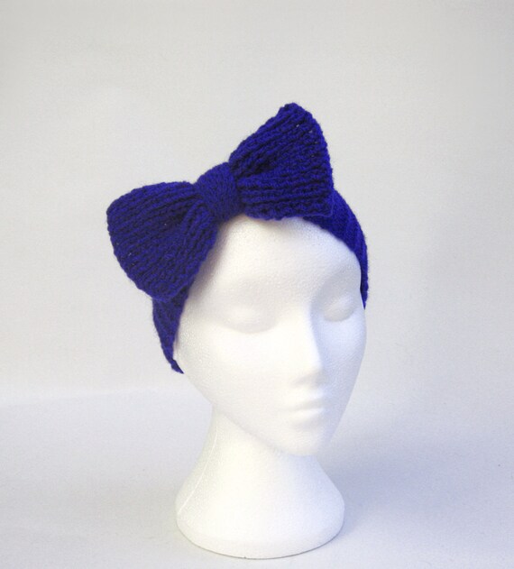 Royal blue bow headband ear warmers chunky retro 80s von jarg0n